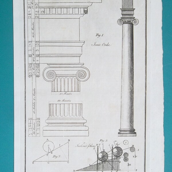 ARCHITECTURE Ionic Architectural Order Base Column Capital Proportions - 1778 Original Antique Print Copperplate