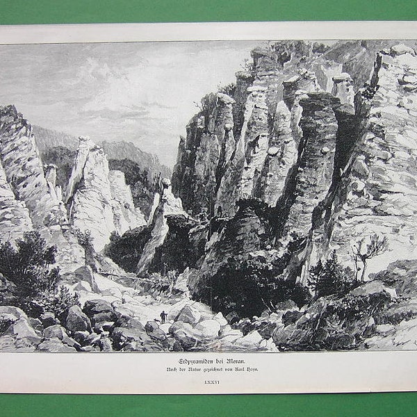 ITALY Alps Val di Cambra Natural Pyramids near Merano - VICTORIAN Era Antique Print