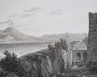 NAPLES Volcano Vesuvius View from Castle St. Elmo Italy - 1820 Antique Print Engraving by Miss Batty