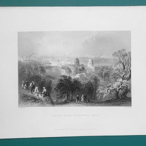 LONDON View from Greenwich Park Thames River St. Paul&#39;s Cathedral - 1842 Antique Print Bartlett