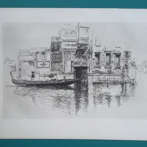 VENICE Old Houses View on the Canal Gondola Italy - 1884 Original Etching Print by Pennell
