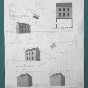 May include: An antique architectural print titled "PERSPECTIVE" with multiple diagrams of buildings and geometric constructions. The print features detailed line drawings, including building elevations and perspective views, with accompanying text and labels. The paper has a vintage, aged appearance.