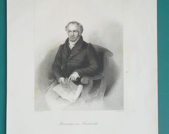 ALEXANDER von HUMBOLDT German Explorer Cartographer Portrait Holding a map - 1860 Antique Print Engraving