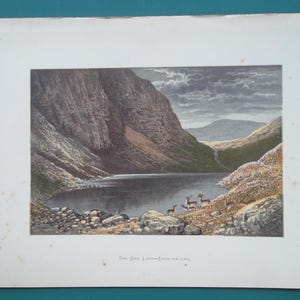 May include: An antique landscape print depicting a serene lake scene surrounded by mountains. The artwork features a dark lake, rocky shores, and a herd of deer. The print is framed by a white border and has the text "The Doo Loch-Irish Nature".
