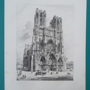RHEIMS CATHEDRAL Perspective View France - 1884 Original Etching Print by Toussaint