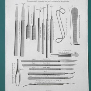May include: An antique medical illustration titled "Surgery" featuring various surgical instruments for cataract extraction. The black and white print includes knives, hooks, needles, and forceps, with detailed labels and diagrams.