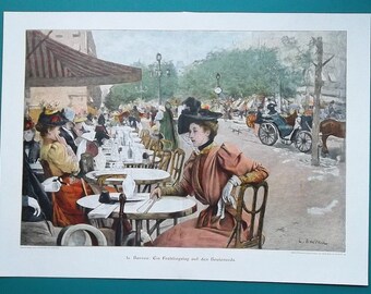 PARIS Boulevard Spring Sunny Day Cafe Ladies Outside Sitting Latest Fashion - COLOR 1890s VICTORIAN Era Print 14" x 20"