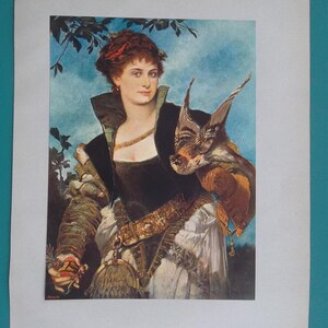 May include: A vintage portrait of a woman with auburn hair, wearing a black and gold dress, holding a bird of prey. The painting has a classical style, with a blue sky background and green foliage.