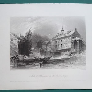 CANADA Sherbrooke Mills on Magog River - 1841 Antique Print Engraving by Bartlett