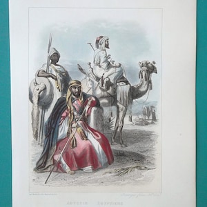COSTUME Fashion Africa Abyssinia Egypt Arab Warriors Camel Rider - 1850 COLOR Antique Print Intaglio Engraving