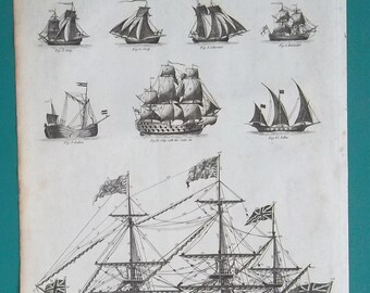 SHIPS Types Sloop Brig Galley Schooner etc +Complete Rigging w/ Terminology - 1789 Antique Print Original