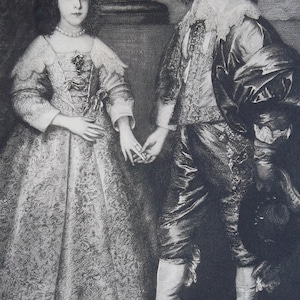 WILLIAM OF ORANGE w/ Fiancee Princess Mary Stuart Daughter of King Charles I. - 1883 Original Etching Print by after van Dyck 11.5&quot;x 16.5&quot;