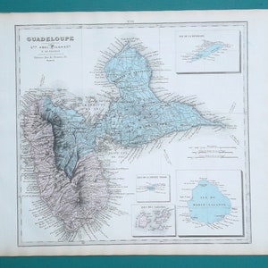 GUADELOUPE Island Lesser Antiles - 1873 SUPERB Colored Intaglio Map 14 x 17&quot;, 36 x 43 cm