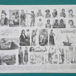 Peut inclure: Une lithographie vintage en noir et blanc intitulée Ethnographie, présentant une grille d'illustrations détaillées représentant diverses personnes, des vêtements traditionnels, des structures architecturales, des outils et des objets culturels numérotés.
