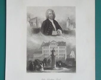 BACH German Composer Portrait + View of Church Monument Observatory - 1860s Antique Print Steel Engraving