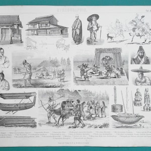 May include: A detailed black and white illustration depicting various aspects of Japanese culture. The image includes drawings of buildings, people in traditional attire, boats, and scenes of daily life. Text in German is present at the top and bottom of the image.