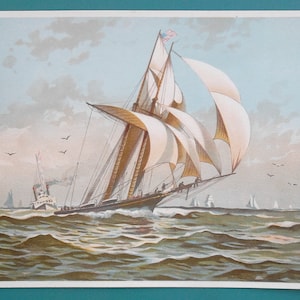 May include: A vintage illustration of a large sailing ship with white sails and a brown hull, sailing on a blue ocean with a smaller steamboat in the background.