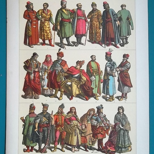 COSTUME Fashion Poland Hungary Scotland Russia - 1883 Color Lithograph Print