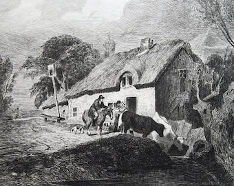 LANDSCAPE Inn Horseman Stops for Drink Cows Drinking by Mulready - 1873 Original Etching Print by Gaucherel