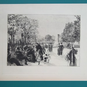 PARIS View on Champs Elysees France - 1884 Original Etching Print by Lhermitte