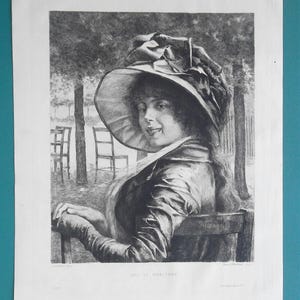 May include: A black and white etching of a woman wearing a large hat and sitting in a chair. The woman is looking to the side and smiling. The etching is titled "Sous le Directoire".