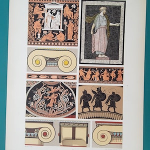 GREECE Polychrome Vase Paintings Ornaments Ionic Capital from Acropolis Mosaics - COLOR Lithograph Antique Print by A. Racinet