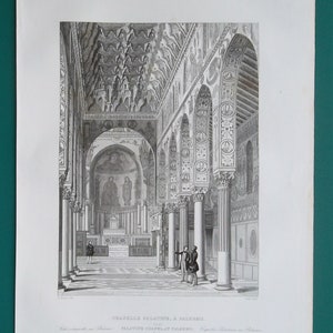 ARCHITECTURE PRINT 1850 - PALERMO Italy Palatine Chapel in Royal Palace Interior View Perspective