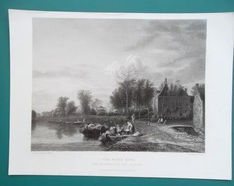 RIVER BANK Scenery in Holland Boats People Mansion Trees - 1857 SUPERB Antique Print Engraving