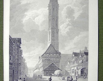 GERMANY Brunswick St. Andrews Church - 1820s Antique Print Engraving by Captain Batty