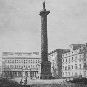 ITALY Rome Piazza Colonna - 1840s Antique Print Copperplate Engraving Intaglio