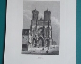 FRANCE Rheims Cathedral - 1860 Antique Print Engraving