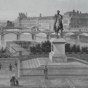 PARIS Seine River Bridges Pont Neuf King Henri IV Equestrian Statue - 1850 SUPERB Antique Print from Daguerreotype