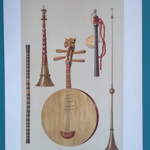 MUSICAL INSTRUMENTS Japan Siamisen Kokiu w/ Bow Lute-like Biwa - 1888 COLOR Lithograph Print 11 x 15&quot;