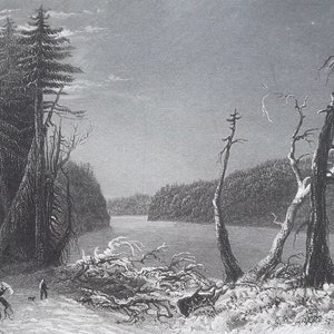 CANADA Orford Lake in Winter - 1842 Antique Print Engraving by Bartlett