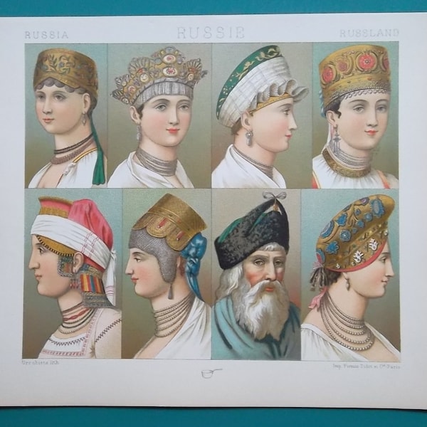 RUSSIA Costume of Russian Women Headdress Headgear Caps  - 7" x 8.5" 1888 COLOR Lithograph Print by A. Racinet