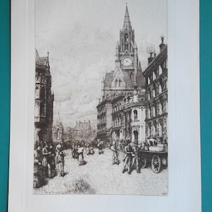 MANCHESTER England Town Hall Gothic Style Building - 1881 Original Etching Print by T. Riley