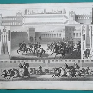 May include: A black and white engraving depicting a Roman chariot race in the Circus Maximus. The image shows a detailed view of the arena, with chariots racing around the track, surrounded by spectators. The engraving also includes a plan of the Circus Maximus, showing its layout and dimensions.