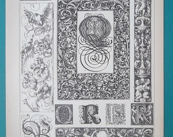 GERMAN RENAISSANCE Inititals Flourishes Typographic Ornaments Holbein Durer -  1890s Monochrome Lithograph Print