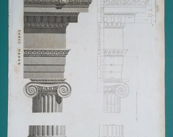 ARCHITECTURE Ionic Order Temple of Minerva Polias at Priene Greece - 1802 Antique Print Engraving by Abraham Rees