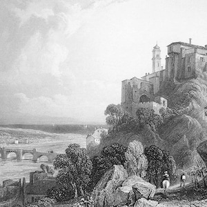 May include: A black and white engraving depicting a castle perched atop a hill overlooking a river and bridge. The castle has a tall tower and several other buildings. The river is wide and flows through a valley. The bridge is arched and has several spans. The scene is set in a rural area with trees and hills in the background.