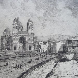 FRANCE Marseille New Cathedral - 1883 Original Etching Print by Gautier