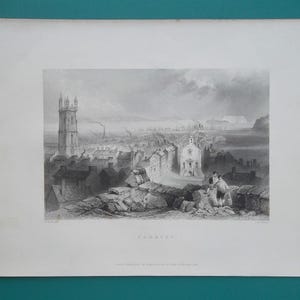 WALES View of Cardiff Capital City - 1842 Antique Print