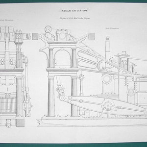 May include: A black and white line drawing of a steam engine, showing the side and end elevations. The drawing is labeled "Steam Navigation" and "Engine of the H.M. Mail Packet "Cygnet."