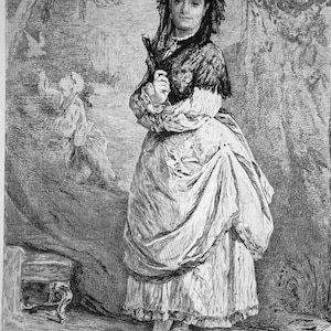 COMTESSE DE BARCK Friend of Spanish General Marshal Prim Full Figure Portrait by Regnault- 1873 Original Etching Print by Greux