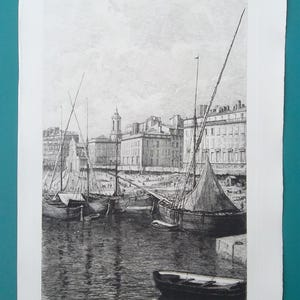 MARSEILLE View in Old Port Market Ships France - 1883 Original Etching Print by Gautier