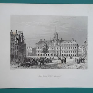 BELGIUM Antwerp Market Square & Town Hall - 1850 Intaglio Antique Print Engraving