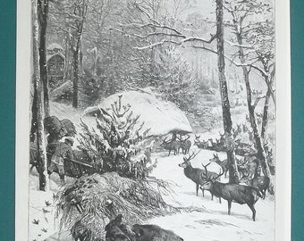 CHRISTMAS in Snowy Forest Feeding Animals Deer Wild Boars - 1885 VICTORIAN Era Print German Xylograph
