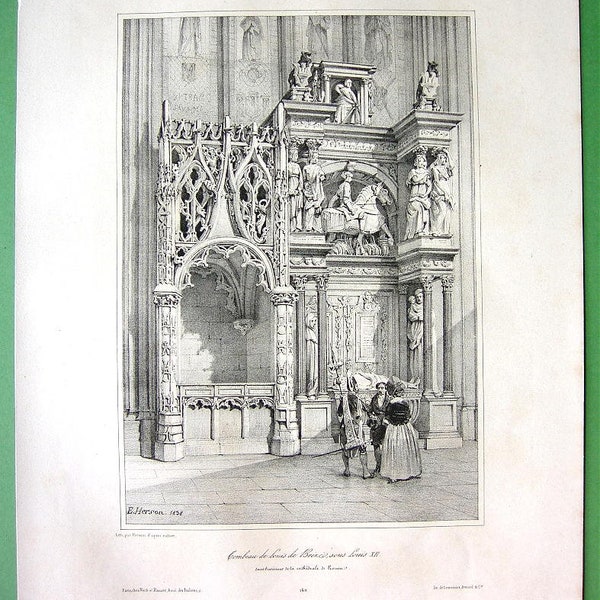 FRANCE Rouen Cathedral Interior Tomb of Louis de Breze - 1843 SUPERB Original Lithograph Print