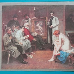 NUDE Artist's Model Takes a Break Painters in Studio Watch - 1915 Color Antique Print after French Painter Maillart