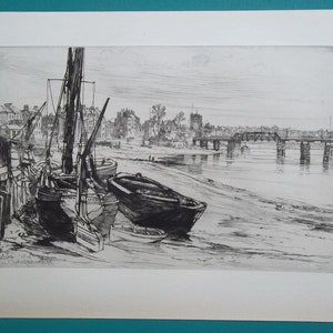 CHELSEA Riverside View Boats Battersea Bridge Church England - 1882 Original Etching Print by Ch. Watson